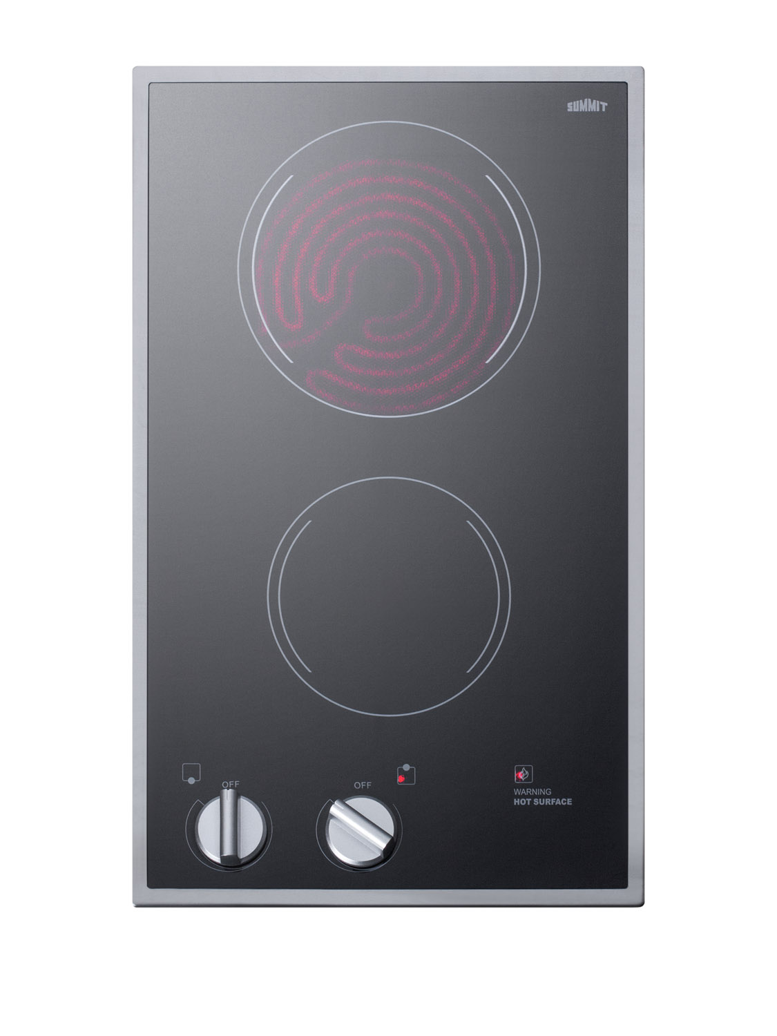 220/240V 2-burner radiant cooktop with smooth black ceramic glass surface, indicator lights, and stainless steel trim